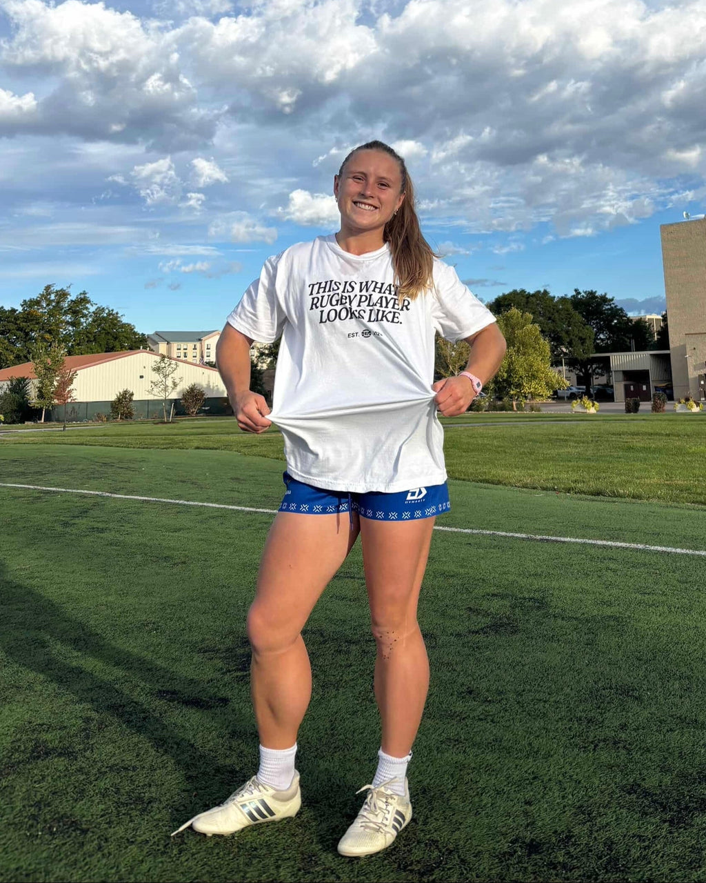 Cassidy Bargell of the USA Eagles wearing a white t-shirt with the words "This Is What A Rugby Player Looks Like" across the chest.