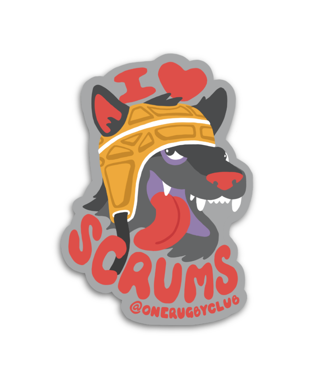 Sticker of a wolf in a scrum cap with the words "I love scrums"