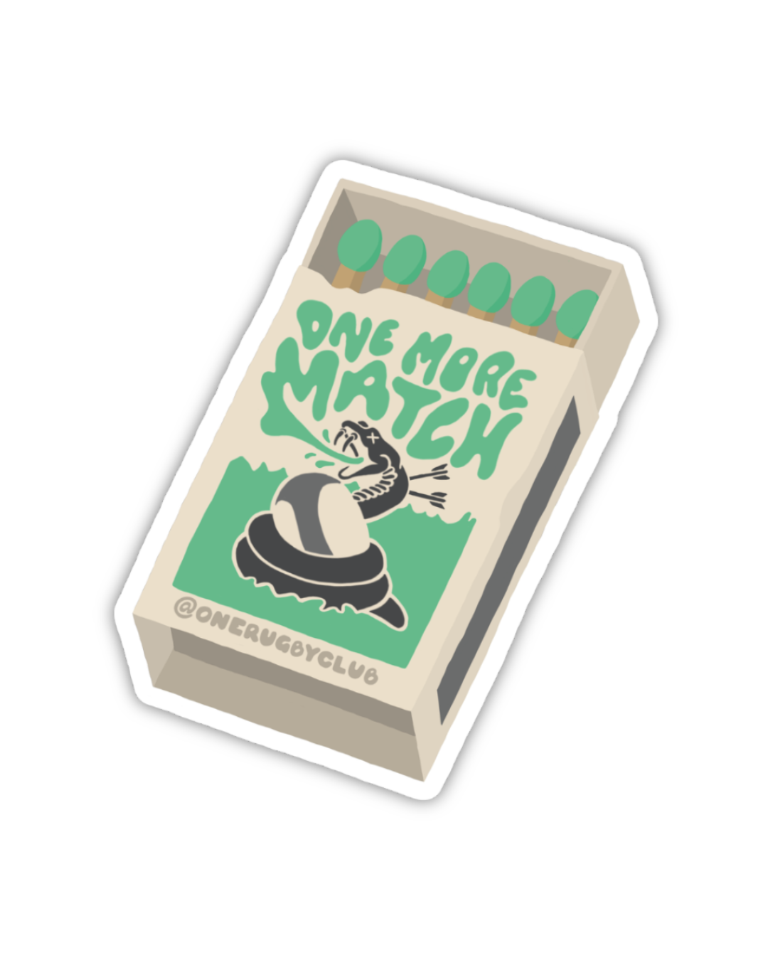 Sticker of matchbox with venomous snake and the words "One more match"