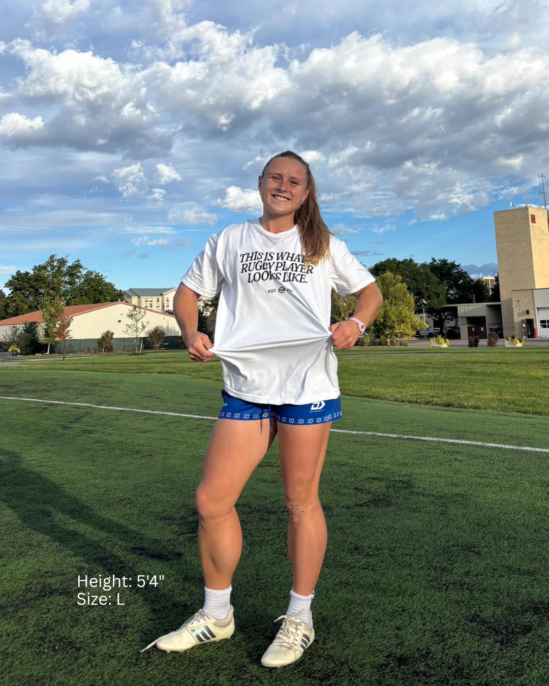 Cassidy Bargell of the USA Eagles wearing a white t-shirt with the words "This Is What A Rugby Player Looks Like" across the chest.