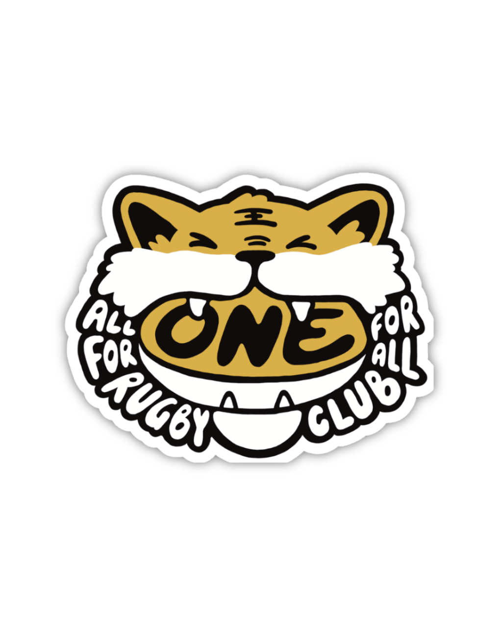 Sticker of cartoon tiger biting down on a rugby ball