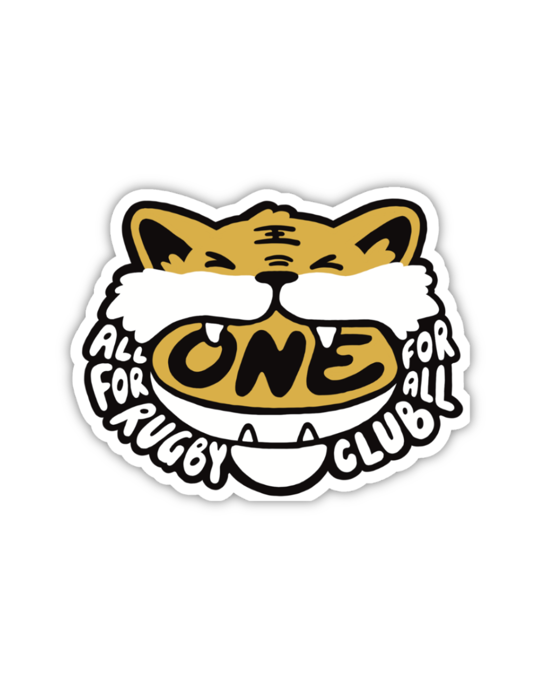 Sticker of cartoon tiger biting down on a rugby ball