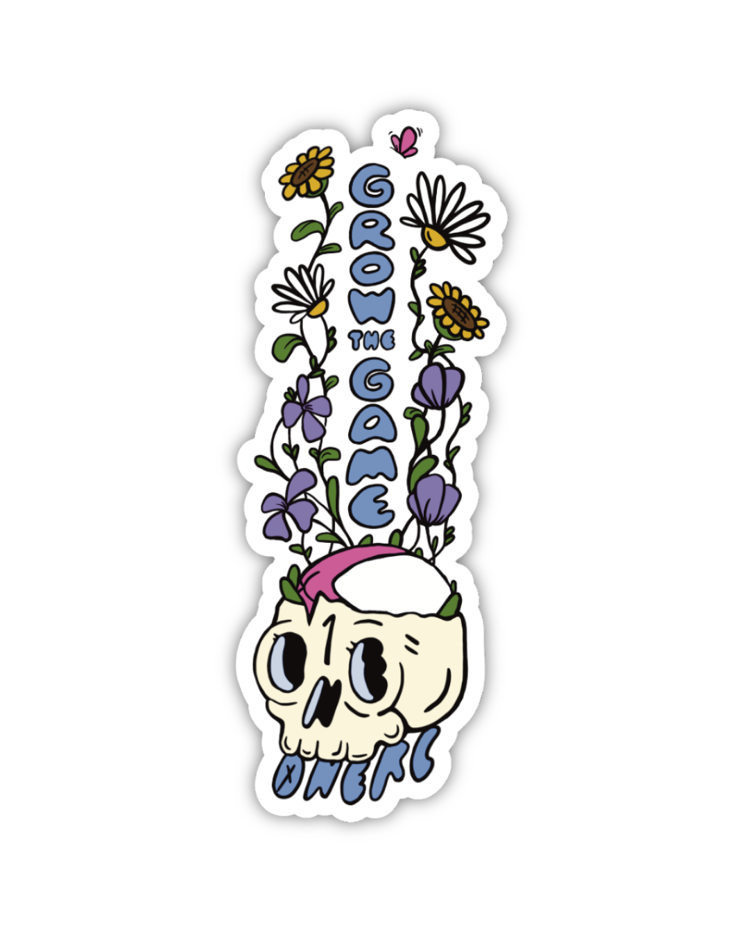 Sticker of wildflowers growing out of a skull with a rugby ball resting in it.