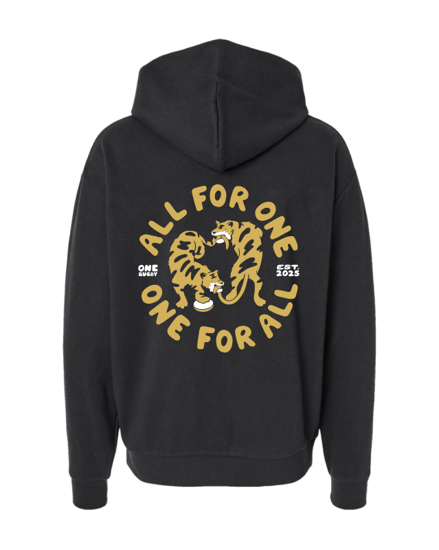 Black hoodie with two light orange tigers in unity holding each others tails in their mouths. One is stepping on a rugby ball and the words "All for One, One for All" surround the tigers.