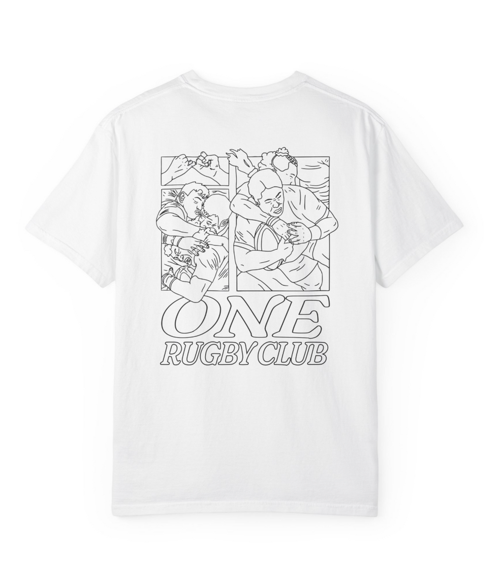 Back of a white t-shirt with black line work graphics of rugby players and "ONE RUGBY CLUB" text on it.