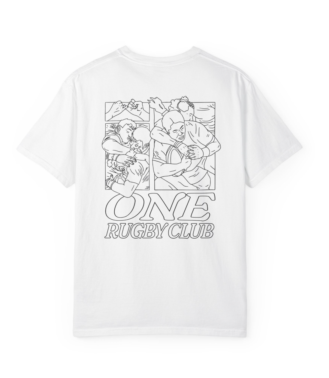 Back of a white t-shirt with black line work graphics of rugby players and "ONE RUGBY CLUB" text on it.